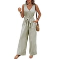 thumbnail image 3 of ClodeEU Women's Striped V Neck Sleeveless Wide Leg Jumpsuit, Tie Waist Romper with Pockets for Summer Army Green,Women's Plus M, 3 of 8