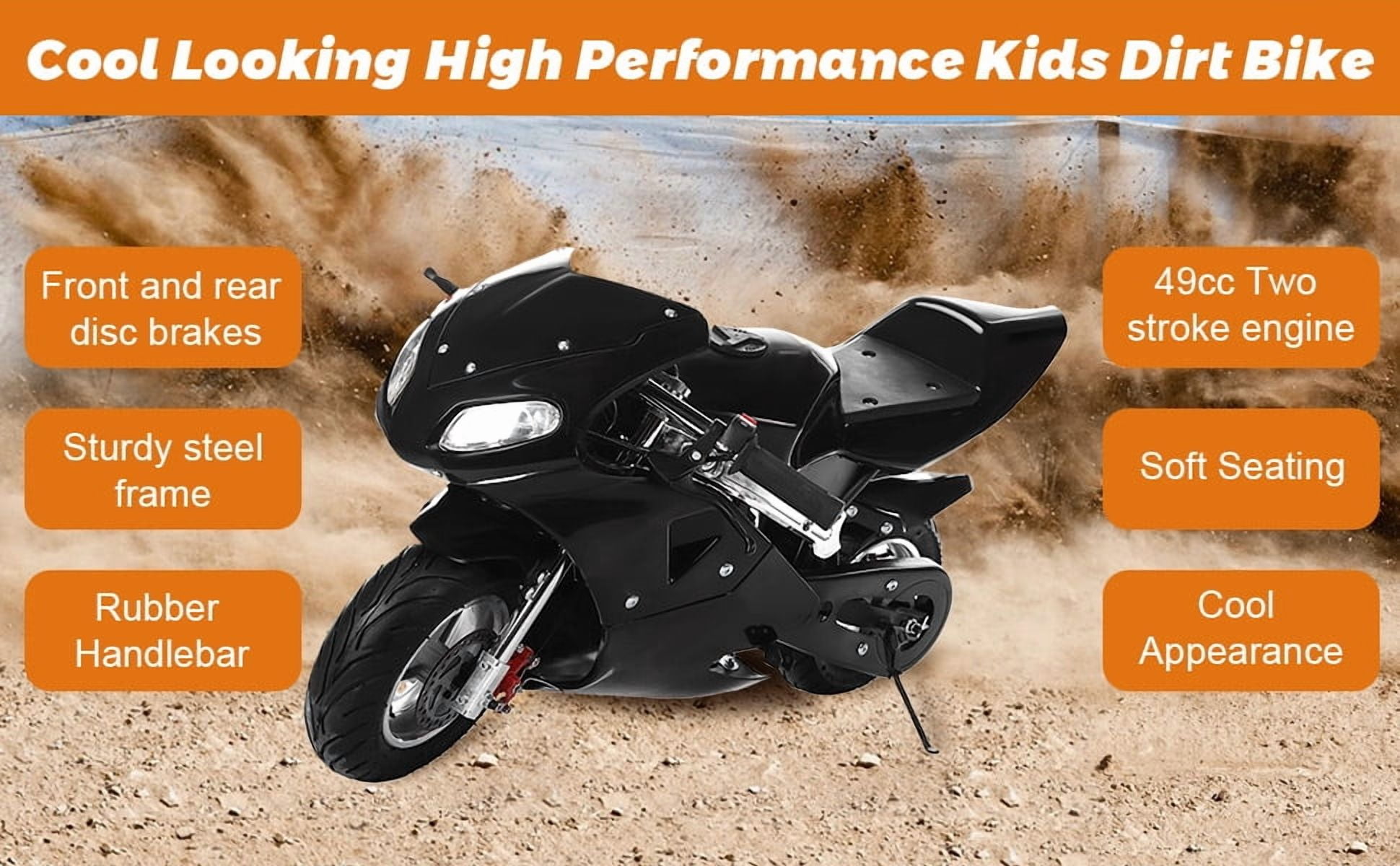 Korogimeeet Youth Black Pocket Bike 49cc 2-Stroke, Gas Powered Mini Motorcycle with Dual Headlights, Disc Brakes, Pull Start, 170 lb Weight Capacity, 20 Miles Per Tank, 40 x 21 x 23 Inch