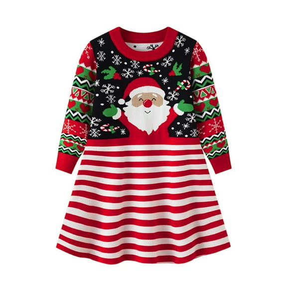 Tisuna Christmas Toddler Girls Sweater Dress Cartoon Print Long Sleeve Crew Neck Dresses Fashion Leisure Autumn Winter Girls Pullover Clothes Red Size 1-2 Years