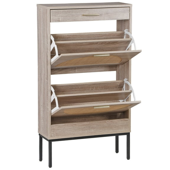 NNYYS Rattan Shoe Cabinet - Freestanding Shoe Storage w/ 2 Flip Drawers & 1 Drawer, Narrow Shoe Organizer Rack for Entryway, Living Room