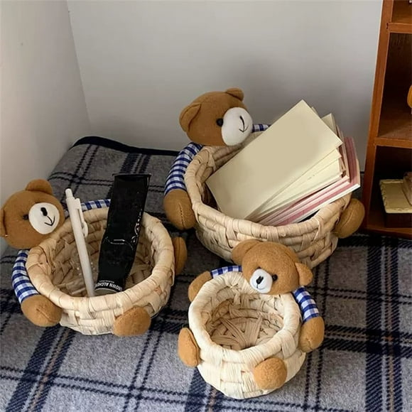 Iumwxz Ornament Bear Storage Basket Grass Weaving Student Desktop Office Grass Weaving Miscellaneous Storage Basket Bear Storage Basket Straw Figurine Decoration A Faux Fur Flash Deals