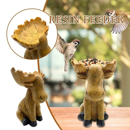 Holloyiver Sitting Moose Antlers Hummingbird Feeders - Moose Antlers Birdbath - Outdoor Bird Bath Bowl Statue Garden and Landscape  Hand-Painted in Resin Carved  Elk Sculpture Outdoor Decor Landscape