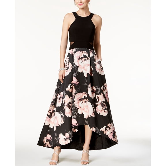X by Xscape Solid & Floral-Print High-Low Gown, Size 16, Black/Blush