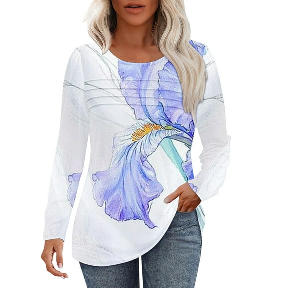 Viikei Womens Lightweight Crew Neck Long Sleeve Top,Women's Spring/Summer Floral Printed Round Neck Long Sleeve T-shirt White S