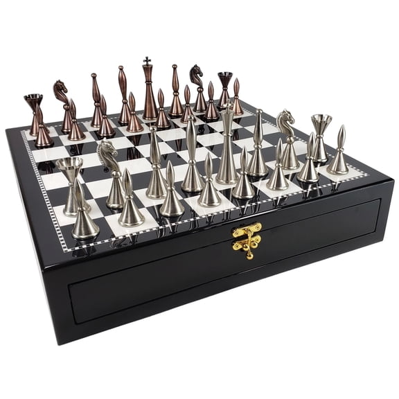 Brass Metal Modern Art Deco Staunton Chess Set 17" Black  White Storage Board