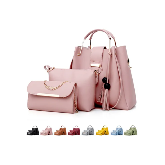 Set 3 Bolsas Bandolera Mujer Cosmetiquera Cartera Borla Logo Xtellar rosa