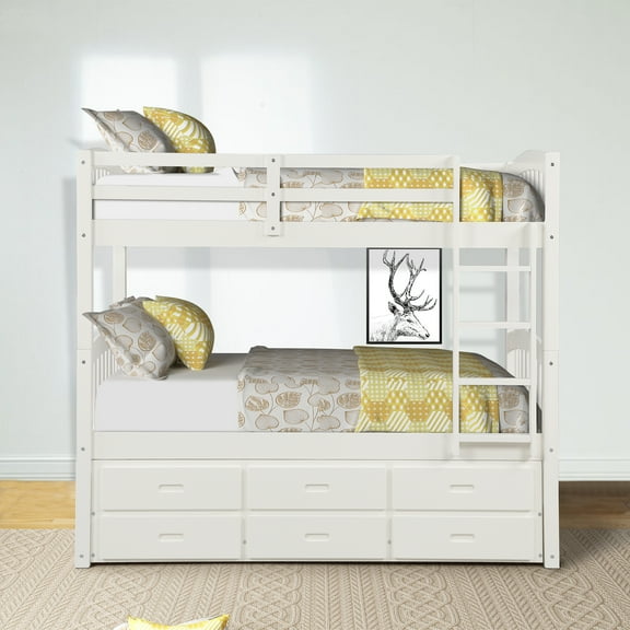 SEGMART 79.5'' x 42.4'' x 68'' Solid Wood Twin Bunk Beds with Trundle Bed Sets with 3 Drawer, Ladder and Safety Rail, Sleeping Bedroom Furniture for Teens' BedRoom, 200lbs, White Finish, S5509