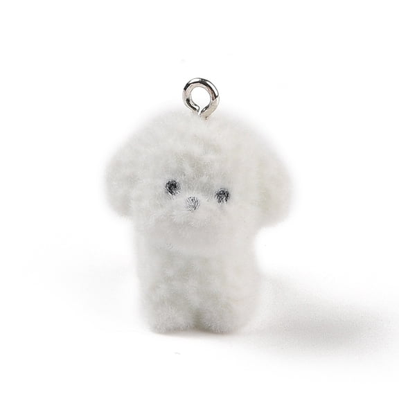 10 pc Flocking Resin Cute Puppy Pendants Dog Charms with Platinum Plated Iron Loops White 31.5x23x20mm Hole: 2.5mm
