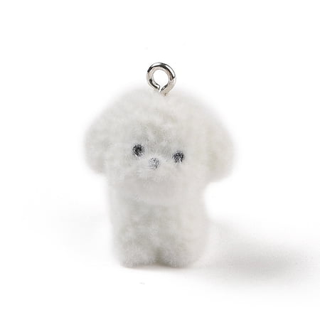 Flocking Resin Cute Puppy Pendants Dog Charms with Platinum Plated Iron Loops White 31.5x23x20mm Hole: 2.5mm