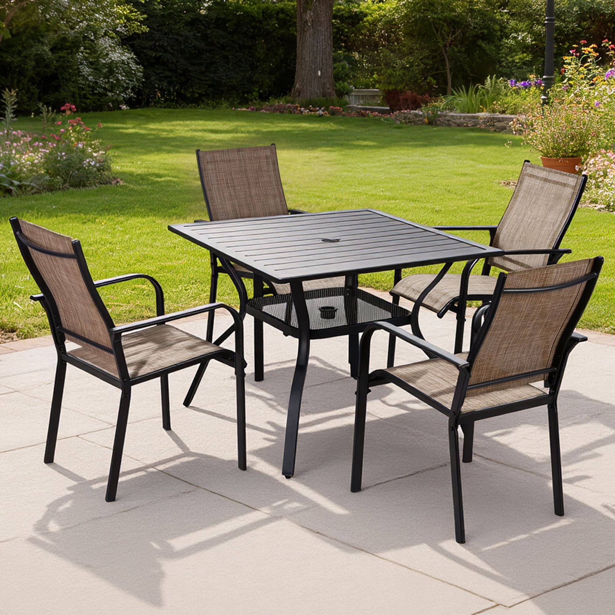 DELMANGO Patio Chairs Set of 4, Outdoor Dining Chairs High Back, All-Weather Padded Textilene Dining Chair for Lawn Porch Garden, Brown(Set of 4)
