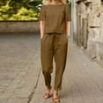 thumbnail image 4 of Fmbrln Womens Linen Summer 2 Piece Sets Casual Crew Neck Short Sleeve Tops and Elastic Waist Pants with Pockets Sets Lounge Comfy Outfits Khaki L, 4 of 4