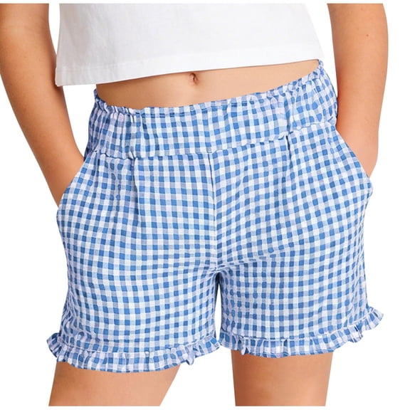 LNWUY Plaid Shorts for Boys And Girls Summer Casual Shorts Ruffle Boxer Short Comfy Breathable Short with Pockets Blue 15-16 Years