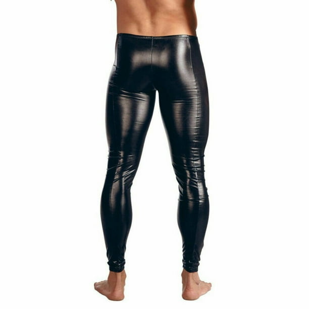 Men Sexy Slim Wetlook Pu Leather Pants Pouch Zip Trousers Tight