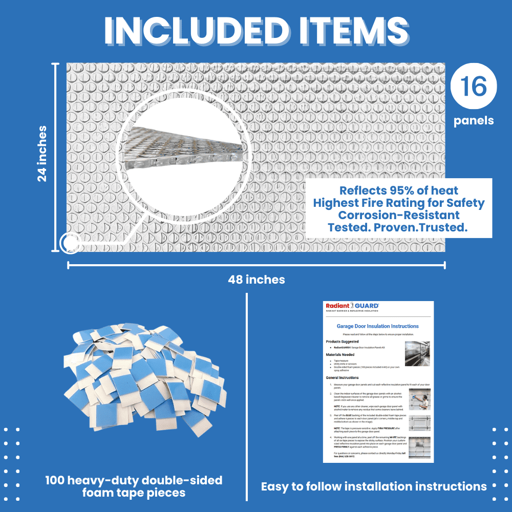 Garage Door Insulation Kit (Pre-Cut 16 Panels) Reflective Insulation Panels fit 2-Car Garage Doors 8-FT by 16-FT DIY Easy to Install Lightweight & Efficient Radiant Barrier Solution by RadiantGUARD