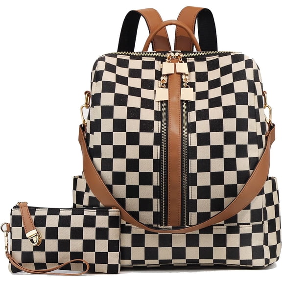 Small Backpack Purse for Women Checkered Back Pack Purses Ladies Shoulder Handbags for Travel Work (Brown)-dh