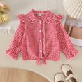 thumbnail image 6 of YDFCWXW Girls Long Sleeve Plaid Ruffle Button Down Shirt Cowgirl Western Tie Front Blouse 5-14 Years (Red, 5-6 Years), 6 of 9