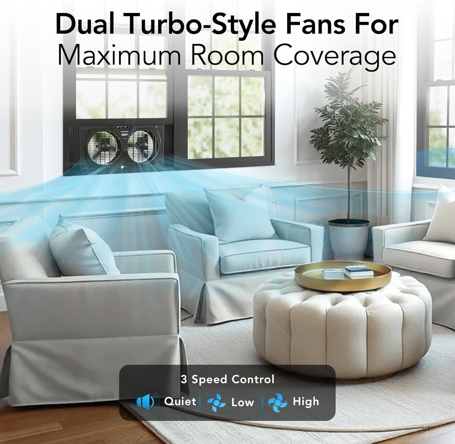 Comfort Zone 9" Twin Window Fan with Quiet Setting, 3-Speeds, Auto-Locking Expanders, Black