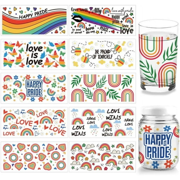 DIY 10 Sheets UV DTF Cup Wrap Rainbow Bee Butterfly Words Rub on Transfers PVC Glass Cup Transfer Paper Waterproof Rub Decals for DIY 16OZ Glass Cups Furniture Wood Crafts DIY