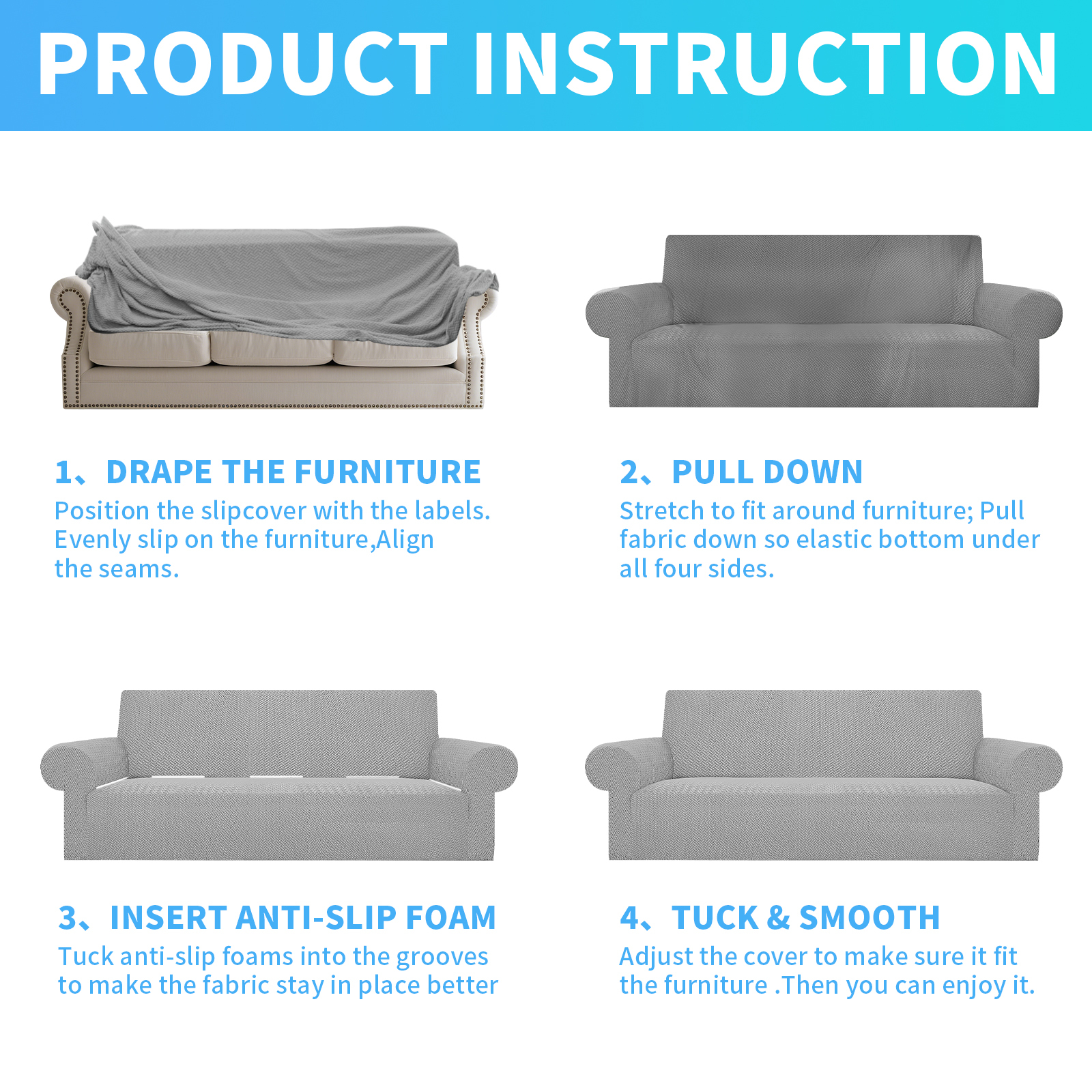 Debonair Stretch Jacquard Couch Cover with 1 Pillowcase, 1-Piece Soft Sofa Cover, Sofa Slipcover with Anti-Slip Foams, Washable Furniture Protector for Pets (Loveseat, Light Gray)