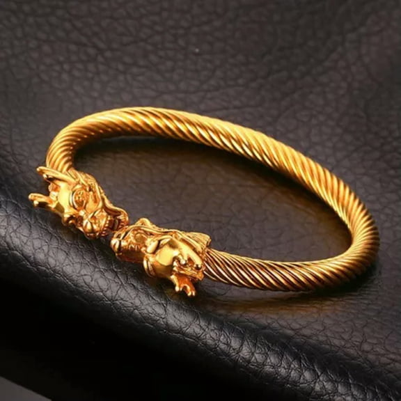 QQTDFG Stainless steel dragon head Wire Cuff Bangle Men Boy Bracelet Hip Hop Jewelry-Gold