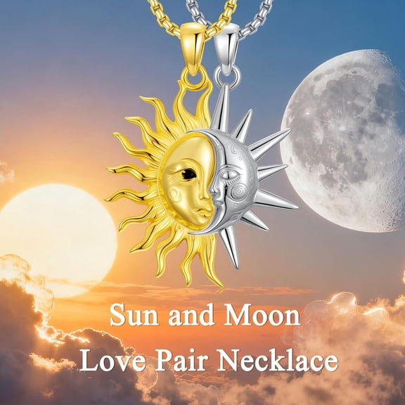 LONAGO Couple Sun and Moon Necklace 925 Sterling Silver Matching Pendant for Him and Her, Romantic Anniversary Valentine's Jewelry Gift for Men and Women