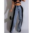 thumbnail image 4 of Women'S Patchwork High Waist Wide Leg Jeans Color Block Denim Straight Leg Trendy Trousers Blue Denim & Black S, 4 of 7