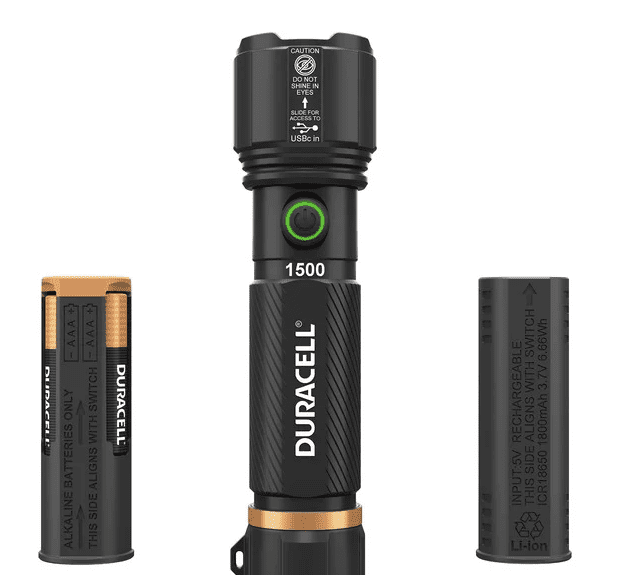 Duracell Durabeam Ultra Hybrid LED Flashlights Set of 4 – 1500 Lumens, Rechargeable USB-C & AAA Battery Options, Weather-Resistant Aluminum – Black