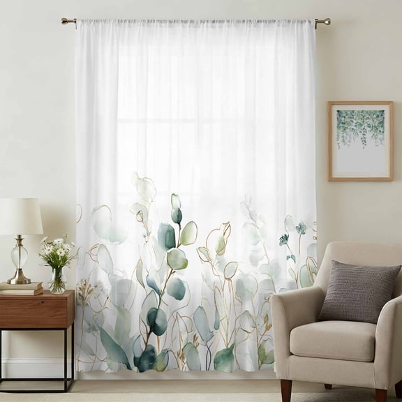 Eucalyptus Leaves Sheer Curtains 108" Extra Long, Watercolor Sage Green Gold Branches Light Filering Curtains, Privacy Drapes Simi Floor to Veiling Curtain for Living Room Bedroom Window Treatment