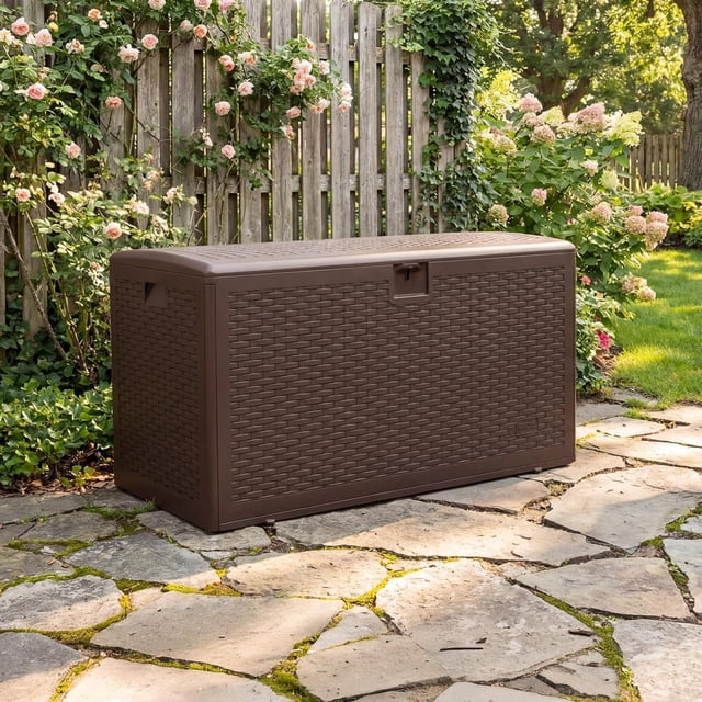 YUSAZENS 99 Gallon Outdoor Storage Box, HDPE Material, Weather Resistant, Large Patio Organizer Bin Brown