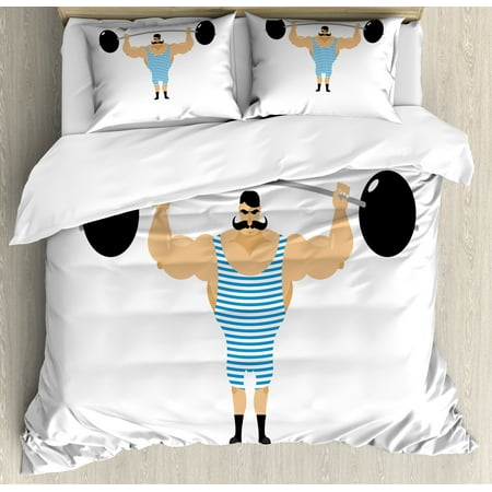 - Circus King Size Duvet Cover Set, Comic Retro Strong Muscular Bodybuilder with Moustache Doing Weightlifting Sport, Decorative 3 Piece Bedding Set with 2 Pillow Shams, Multicolor, by Ambesonne