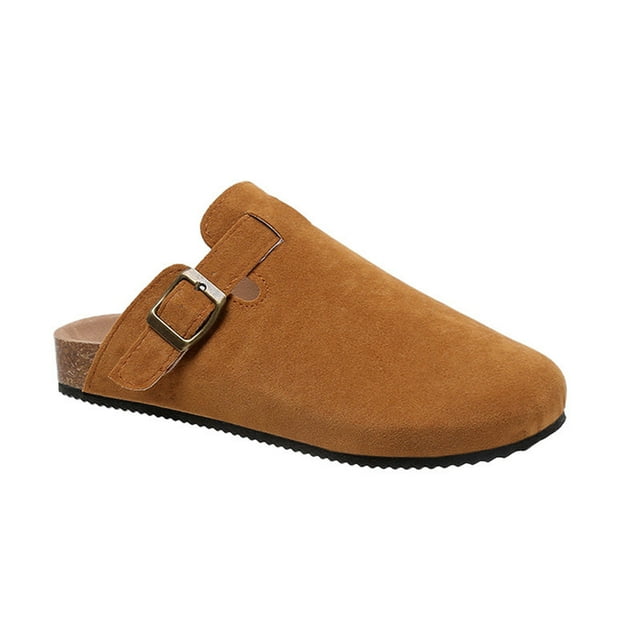 Zapatillas de mujer, clogs & mules de gamuza y piel con soporte en arco, casuales, marrón claro