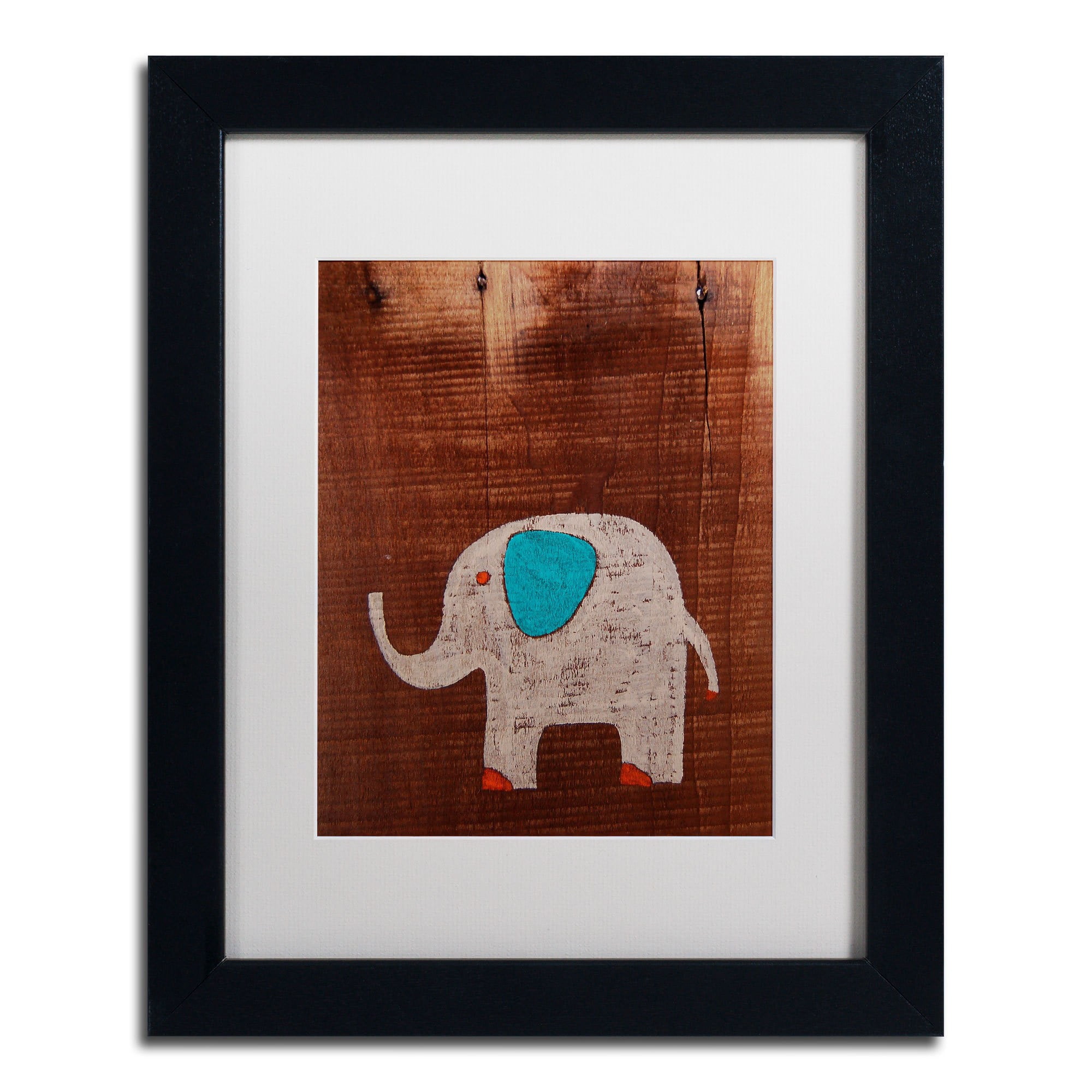 Trademark Nicole Dietz "Elephant on Wood" Art White Matte W/Black Frame 16" x 20" (ND067-B1620MF)