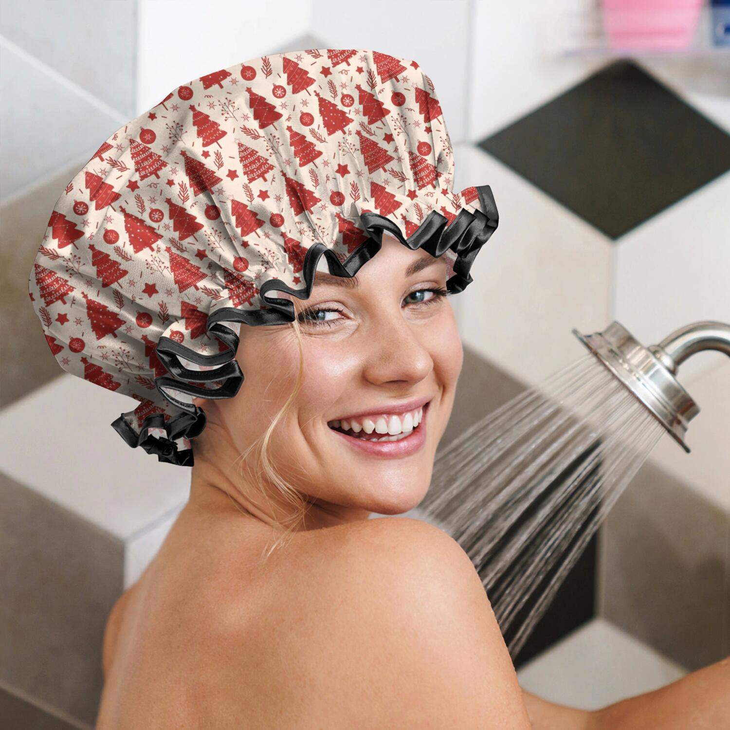 Shower Caps,Red Christmas Tree Pattern Waterproof Shower Cap for Women 4 Pieces,Double Reusable Hair Cover for Shower PEVA Elastic Stretch Hem