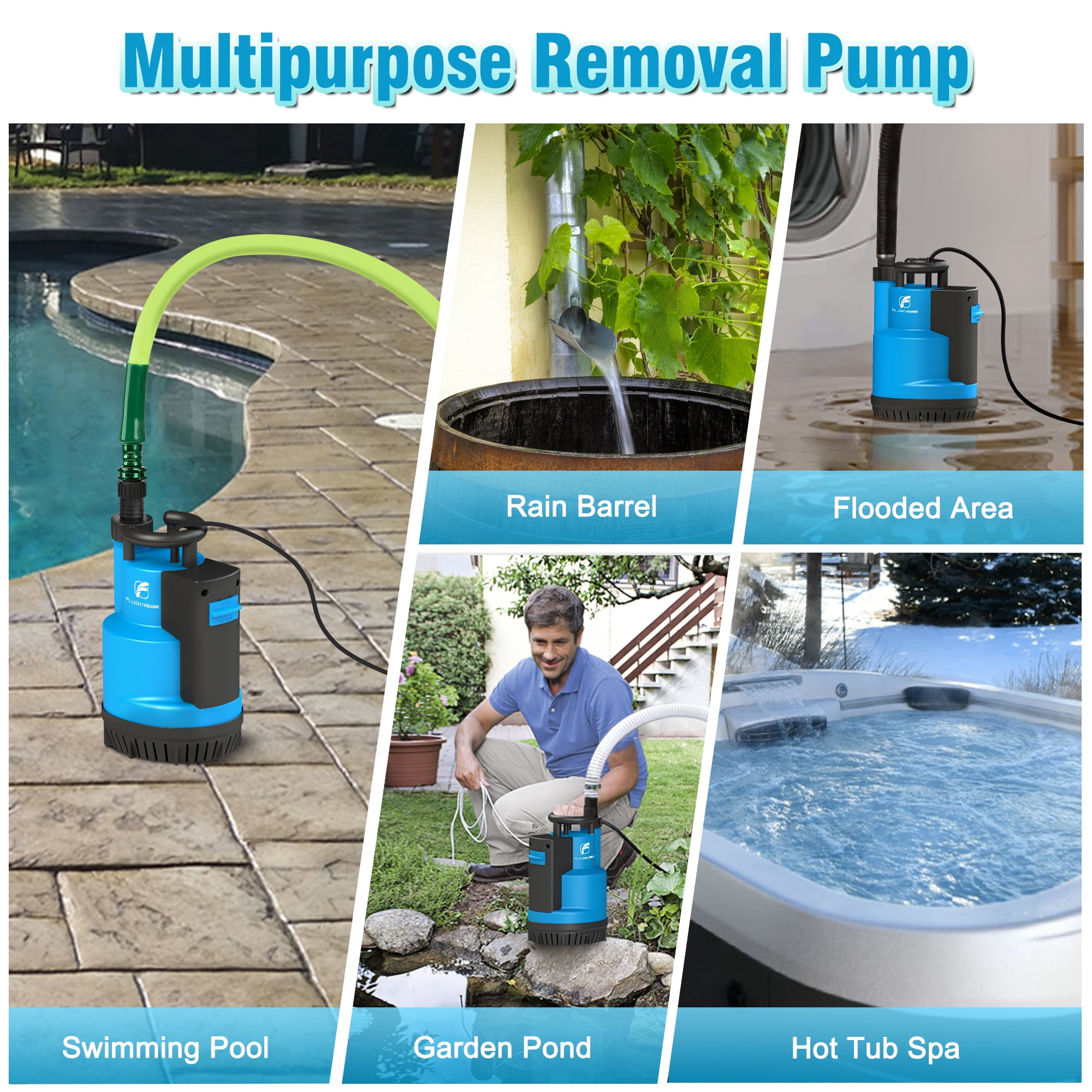 FLUENTPOWER  3/4HP 3100GPH Submersible Sump Water Pump, Auto/Manual Control by Integrated Float Switch, with 16.4 Ft Cord for Pool Tub Garden Pond Flooded Basement Draining