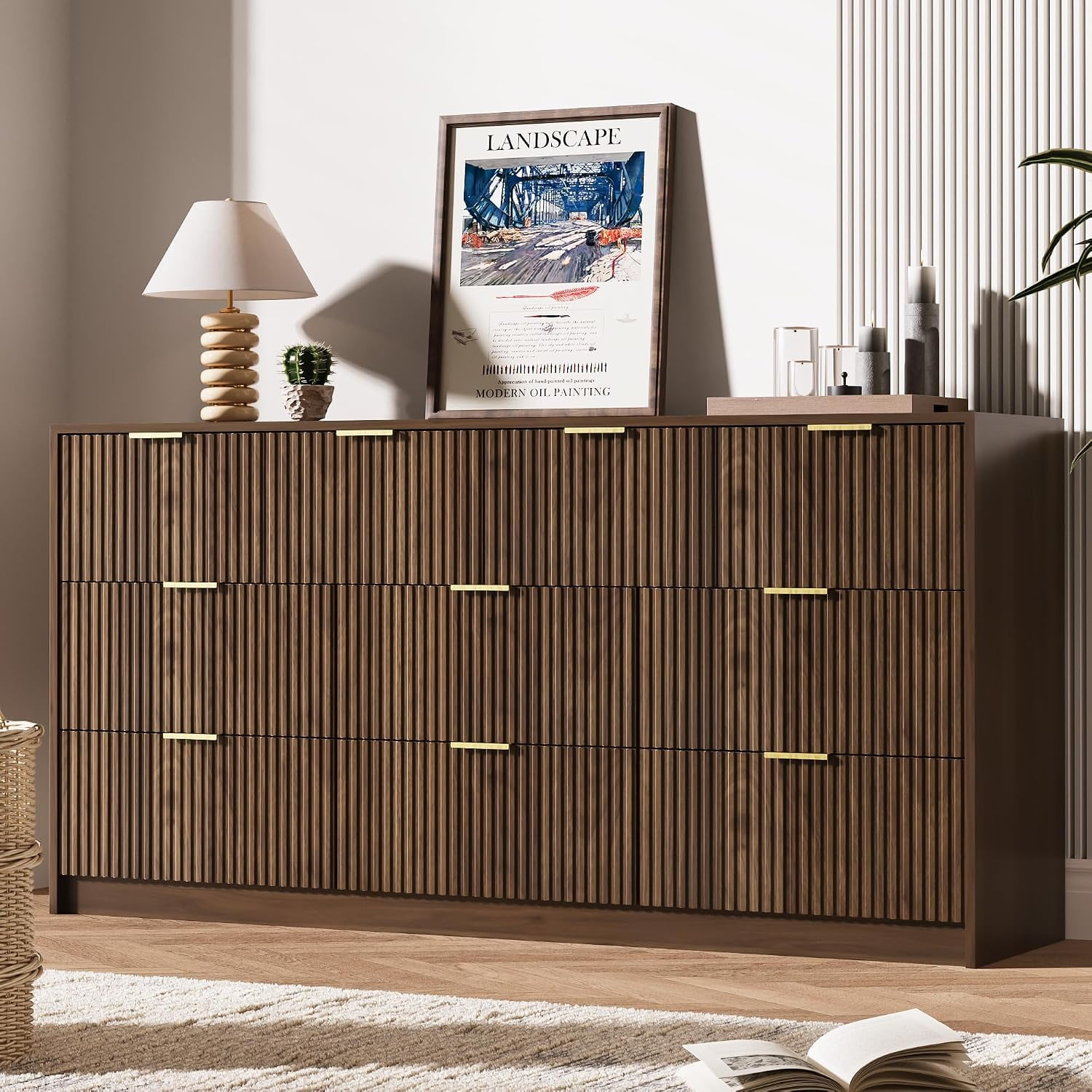 FURNIWAY 10 Drawer Dresser for Bedroom 63 Wide Modern Fluted Storage Chest with Gold Metal Handles Large Wood Dresser for Bedroom Living Room Entryway Hallway Walnut