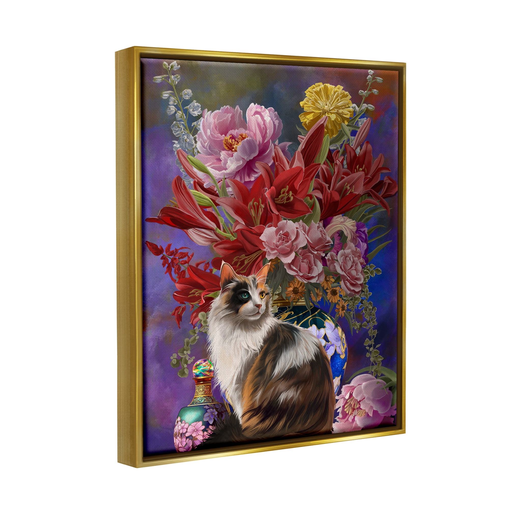Stupell Industries Cat & Flower Chinoiserie Botanical & Floral Painting Gold Floater Framed Canvas Art Print Wall Art, 17 x 21