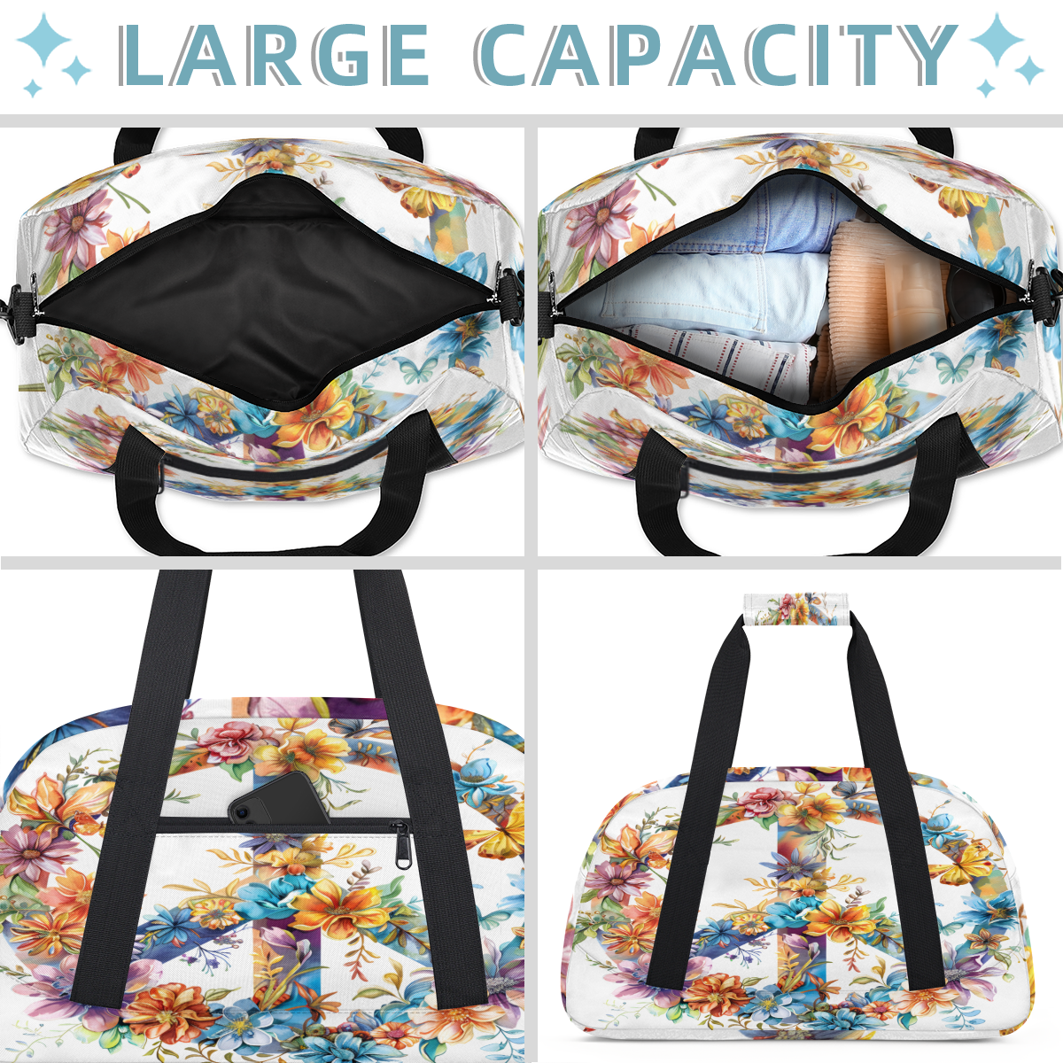 Herdesigns Hippie Flowers Sports Duffle Bag for Women & Men, Peace Sign Gym Bag Dance Bag Overnight Bag Carry On Weekender Travel Bag