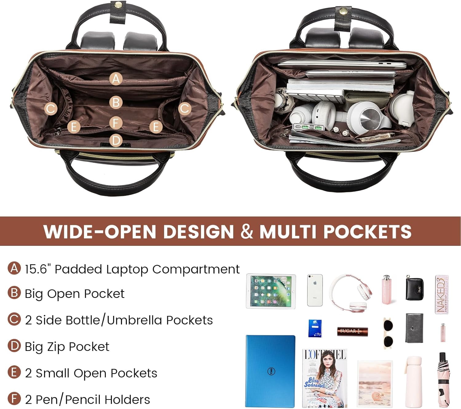 LOVEVOOK Leather Laptop Backpack for Women, 17 inch Professional Work & Travel Bag, Brown