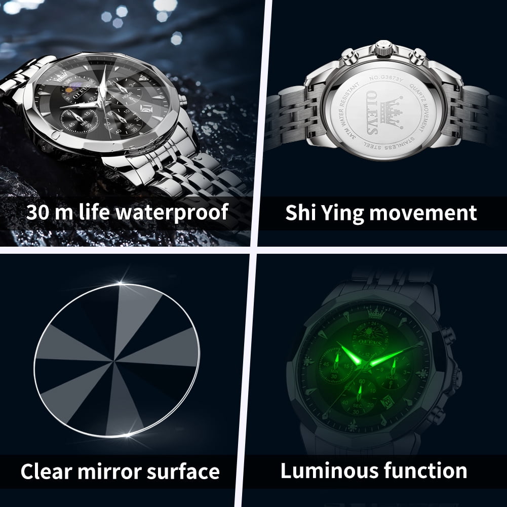 OLEVS Watches For Men Business Dress Luxury Casual Chronograph Multifunction Analog Quartz Stainless Steel Waterproof Luminous Moon Phase Date Men Wrist Watches Reloj Para Hombre Black Dial