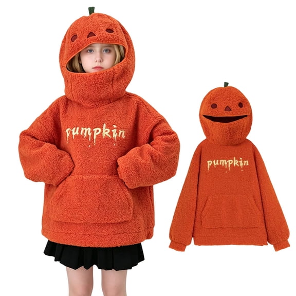 XUANTAOO Boys Girls Halloween Pumpkin Hoodie Oversized Full Zip Sweatshirt with Pocket Cute Cosplay for Trick or Treat