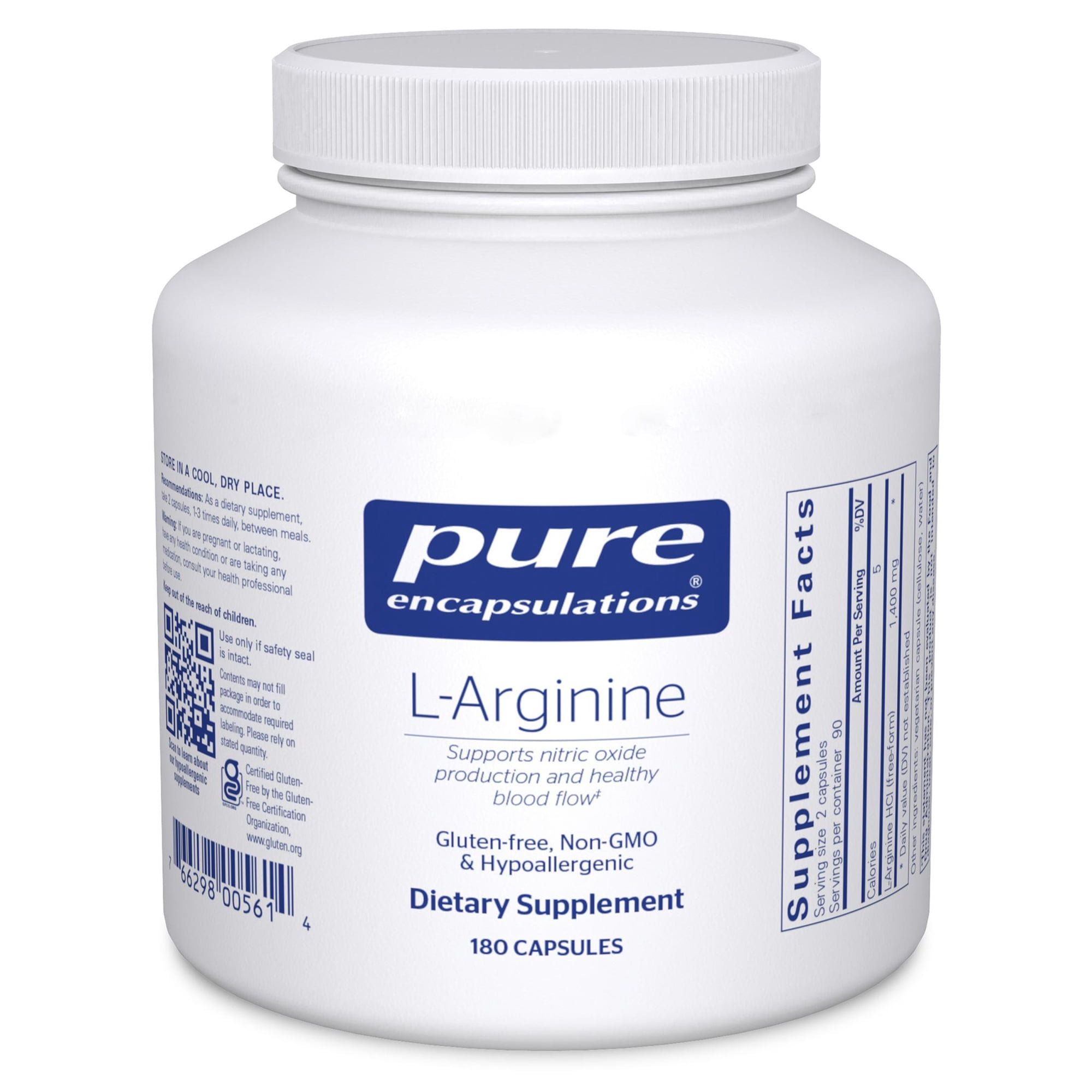 Pure Encapsulations L-Arginine - 1,400 mg - Support Nitric Oxide Production - Heart Health & Blood Flow* - Gluten Free & Non-GMO - 180 Capsules