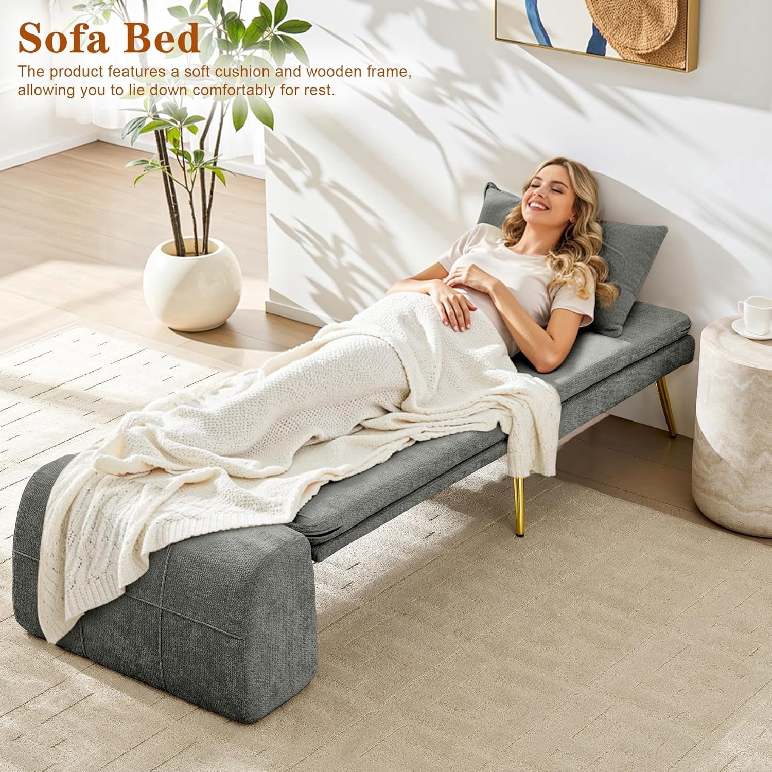 Akaber 3-in-1 Futon Sofa Bed, Chenille Sleeper Chair with Back Support & Pillow, Wood Frame, Metal Legs