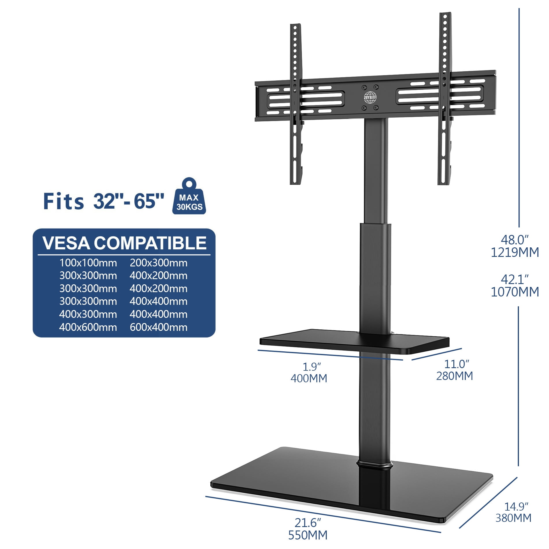 FITUEYES Height Adjustable Black Floor TV Stand for TVs up to 60" 65" with Swivel Mount