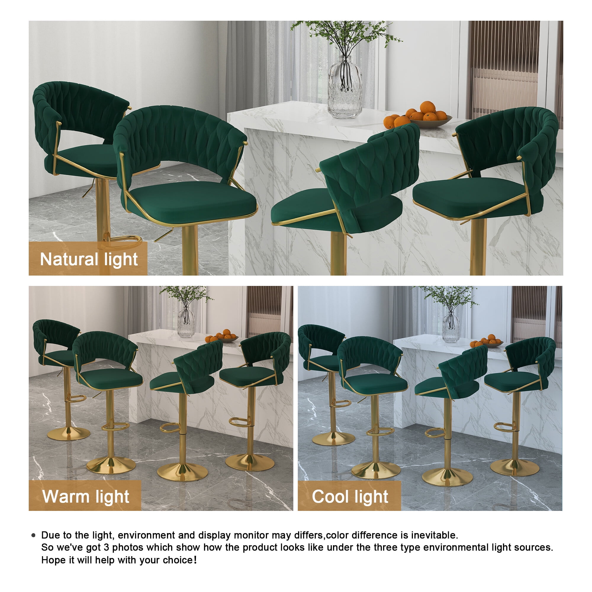 UIXE Adjustable Bar Stools Set of 4 Modern High Back Swivel Barstool for Kitchen Counter Square Island, Velvet Green