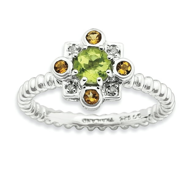 Bague en Argent Sterling Stackable Expressions Péridot, Citrine & Diamant Taille 7