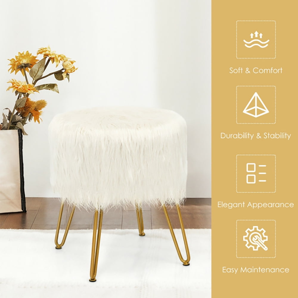 Finihen Faux Fur Vanity Stool Chair, Footstool Ottoman, Fluffy Chair with with Metal Legs, Makeup Stool, Decorative Furniture Footrest, for Living Room, Bedroom, White