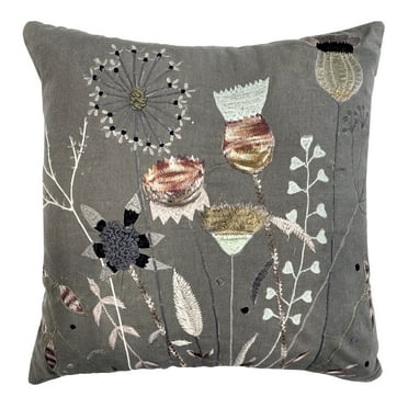 STPgoods Flowers Cotton Embroidered Decorative Pillow 18" x 18" Decorative Square Throw Pillow in Gray Cotton Couch Cushion