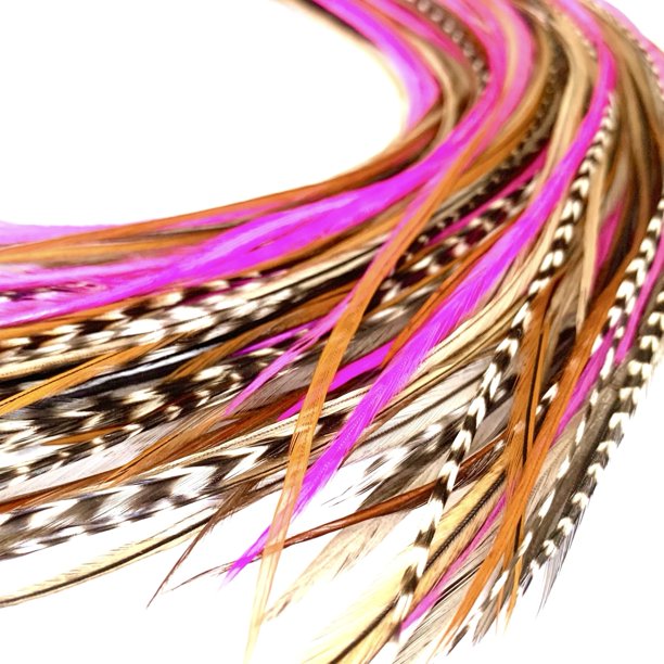21 plumas de pelo de color rosa intenso y natural - 7 - 12 largas - Plumas para extensiones de cabello Kit de bricolaje de plumas de gallo - Diseño llamativo - 20 cuentas de microenlaces - Plumas de g