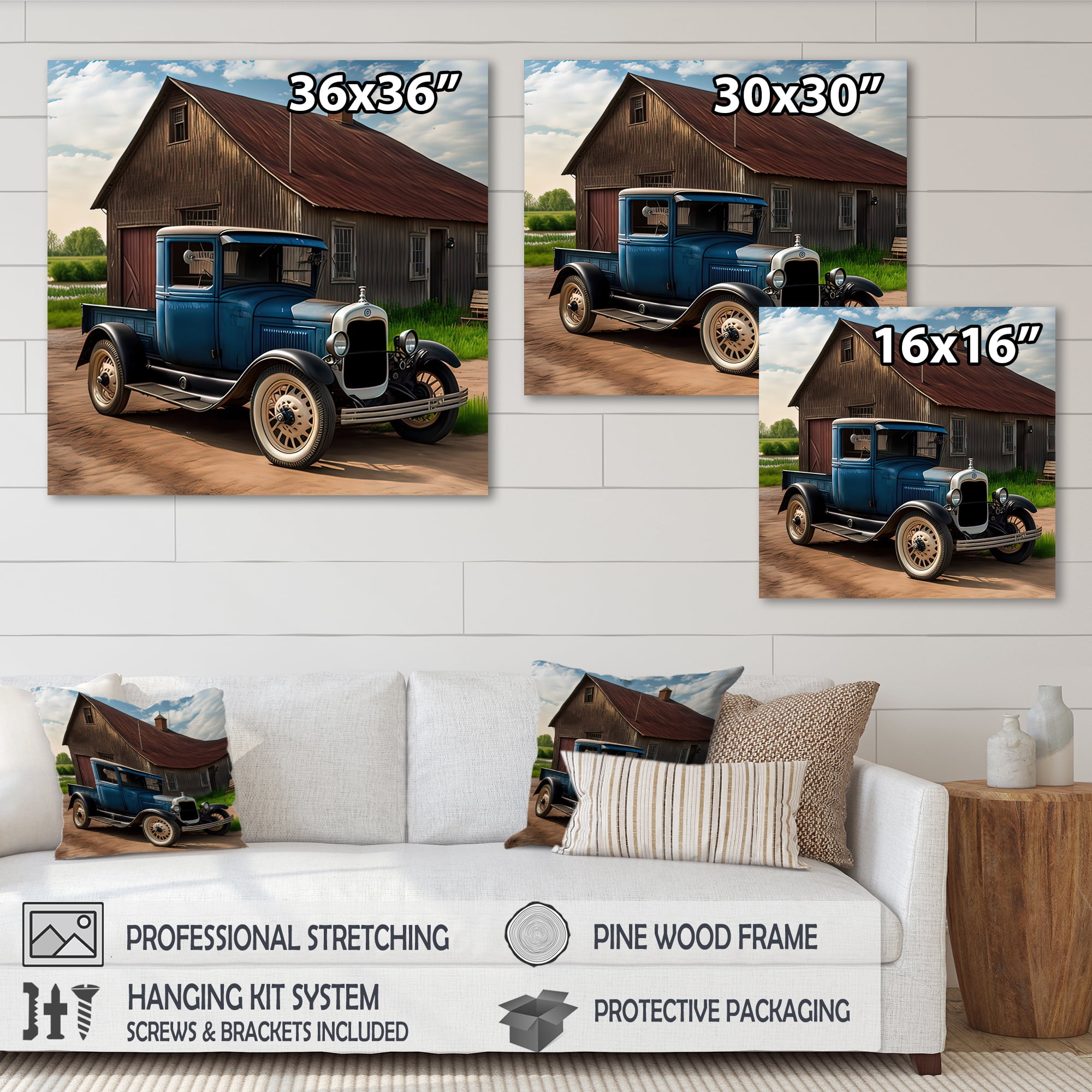 Designart 30S Ford Car In Barn II Canvas Wall Art