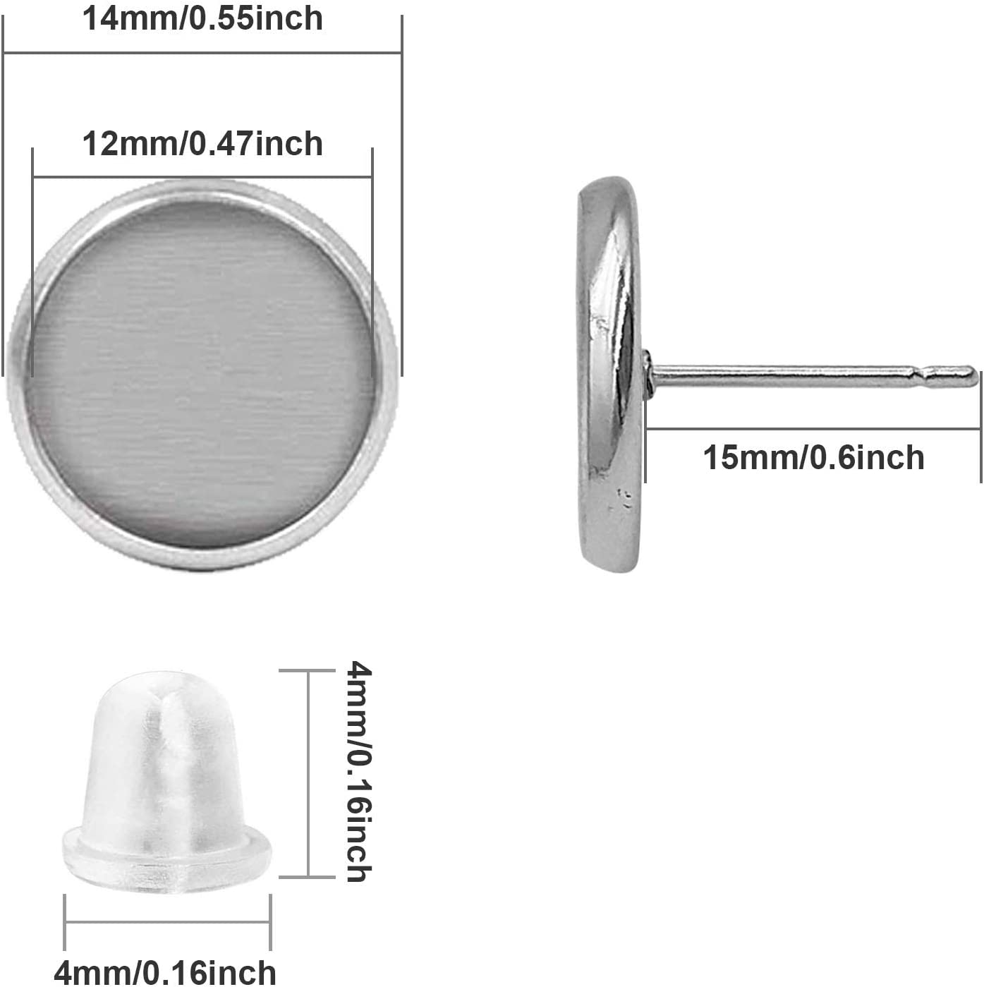 Blank Stud Earring Bezel Silver,200Pcs Stud Earring Kit Includes 100Pcs Cup Post Earrings and 100Pcs Rubber Earring Backs for DIY Jewelry Findings,Earring Making Supplies - image 5 of 5
